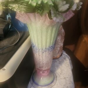 Vintage Spatter Glass Vase Pink Yellow End of Day Ribbed Ring Neck Art Glass